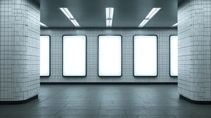A modern subway station interior featuring white tiled walls, bright lighting, and empty advertising panels.