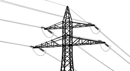 High voltage electricity transmission tower with power lines, industrial energy infrastructure, electric grid engineering structure illustration