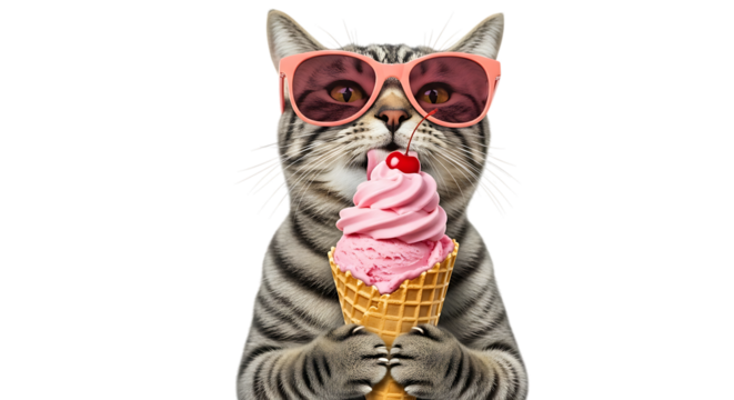 Funny tabby cat wearing pink sunglasses eating ice cream isolated on transparent background - Powered by Adobe