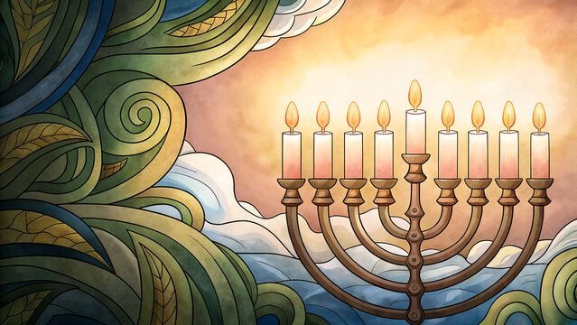 Watercolor Hanukkah candles background, glowing yellow and gold menorah light with blue accents, peaceful holiday ambiance with copy space