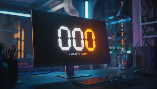Digital Countdown Clock Displays Cyber Monday Sale Announcement on Computer Monitor in Modern Office Setting