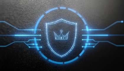 Digital Security: The image illustrates a digital security concept. It features a glowing shield overlaid with a crown, symbolizing protection and authority within a network of electronic circuits.