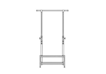 Line drawing of an adjustable height rolling garment rack with a shoe shelf