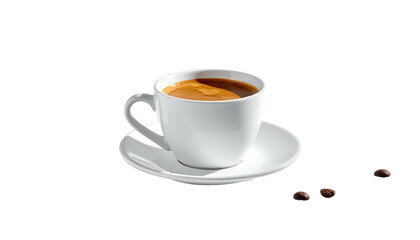 Obraz premium White cup with coffee on saucer, alongside scattered beans