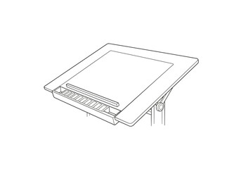 Line drawing of an angled drafting table with a small ledge and drawing tool storage