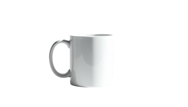 Plain white mug centered, left side, bright on black background