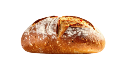 Rustic bread loaf, crusty exterior with a floury top