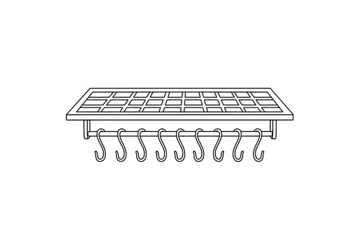 Outline drawing of a wallmounted kitchen pot rack with grid shelf and Shooks