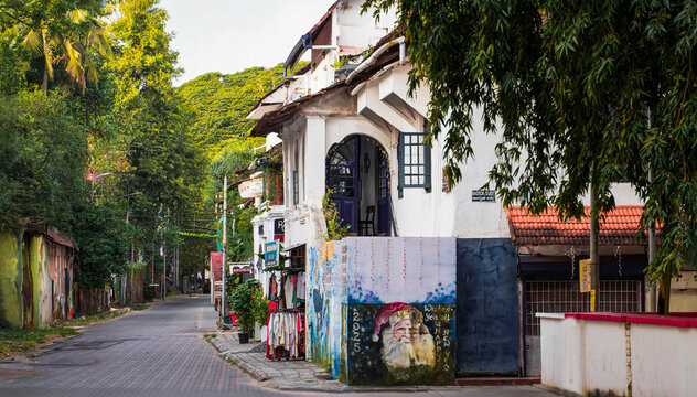Charming street scene in Fort Kochi, Kerala known for its colonial-era architecture and laid-back coastal vibe.