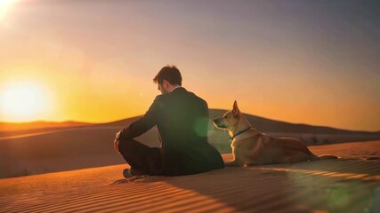 Man in suit and dog sit together in desert, facing a bright, golden sunset