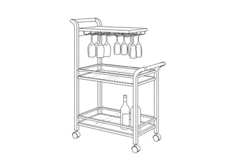 Black and white line drawing of a multitiered rolling serving cart with stemware rack © aprian