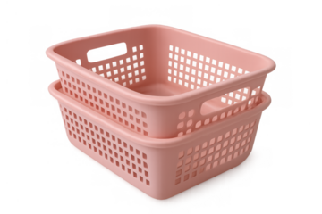 Two pink plastic storage baskets stacking for household organization and tidy living with transparent background