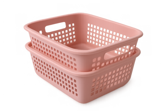 Two pink plastic storage baskets stacking for household organization and tidy living with transparent background