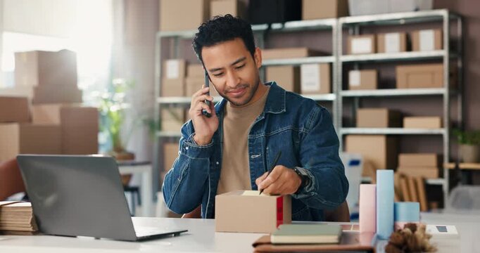 Happy man, inventory or writing with box, phone call or small business startup for logistics. Businessman, supplier or distributor talking with mobile smartphone for online order or delivery schedule - Powered by Adobe