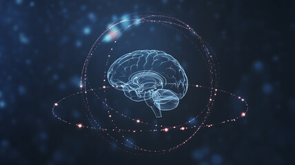 Futuristic digital brain model with glowing neural network connections and abstract light particles