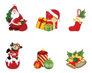 A colorful collection of festive Christmas illustrations featuring Santa, gift boxes, stockings, reindeer, candles, ornaments, and holiday bells. Perfect for greeting cards, stickers, decorations, and