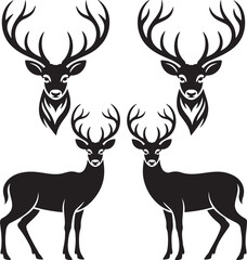 Naklejka premium Stylized Deer Silhouettes with Antlers – Vector Set of Wildlife Icons 