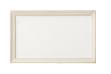 Vintage white wooden picture frame with distressed finish, blank canvas mockup. Perfect rustic farmhouse wall art & photo display template. Shabby chic white distressed frame on white background, 