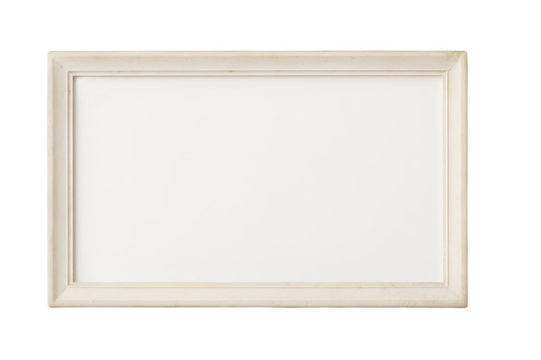 Vintage white wooden picture frame with distressed finish, blank canvas mockup. Perfect rustic farmhouse wall art & photo display template. Shabby chic white distressed frame on white background,