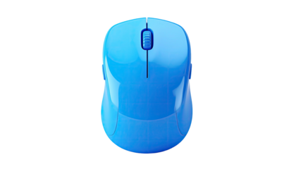 A top-down view of a blue wireless computer mouse on black