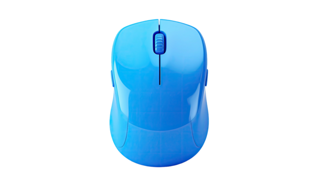 A top-down view of a blue wireless computer mouse on black