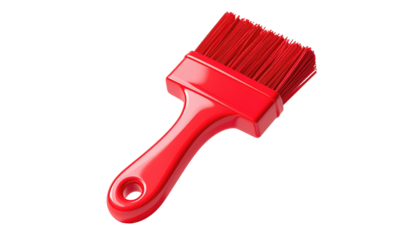 Glossy red paintbrush with hole for hanging, against black backdrop