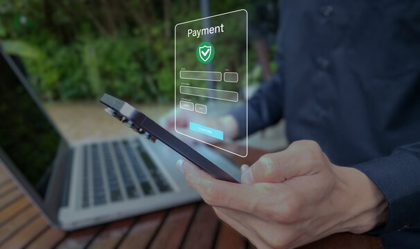 Augmented reality mobile payment interface with shield icon and confirm button