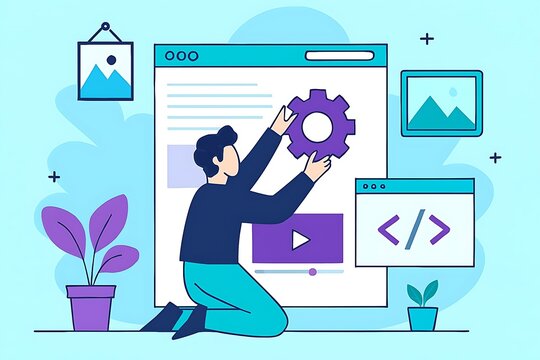 Creative developer building website with giant gear and code, modern flat illustration. Young web designer placing settings gear on browser window with code and media icons.