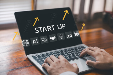 startup concept icons on a laptop, illustrating innovation, AI development increases, entrepreneurship, technology solutions. growth strategy for a start-up business. digital business progress success