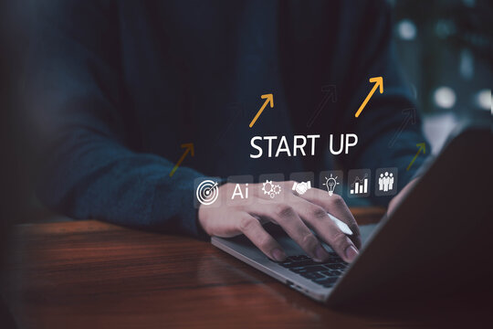 startup concept icons on a laptop, illustrating innovation, AI development increases, entrepreneurship, technology solutions. growth strategy for a start-up business. digital business progress success
