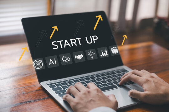 startup concept icons on a laptop, illustrating innovation, AI development increases, entrepreneurship, technology solutions. growth strategy for a start-up business. digital business progress success