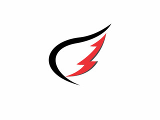 black, curved, flame-like shape encircling a red arrow with a jagged tail that resembles a lightning bolt