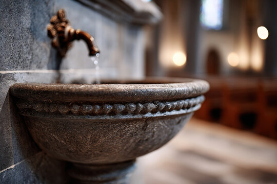 Christian baptismal font inside church with soft lighting