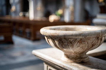Christian baptismal font inside church with soft lighting