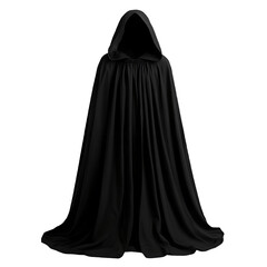 Mysterious black hooded cloak with flowing cape on transparent background.
