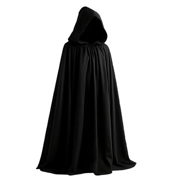 Long black flowing hooded cloak isolated on transparent background.