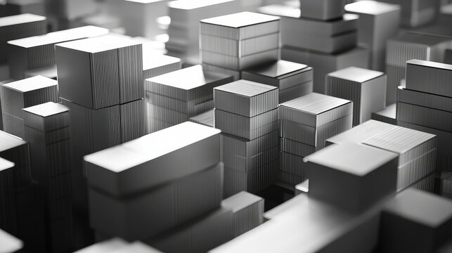 Abstract metallic urban landscape with reflective blocks