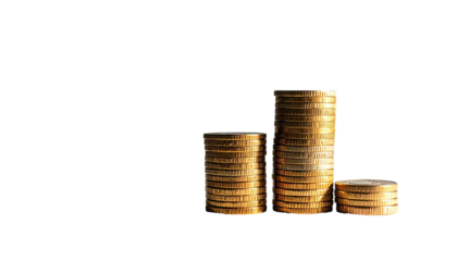 Gold coins stacked, growing taller, on dark background
