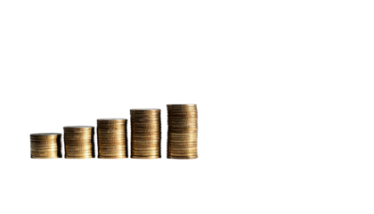 Ascending gold coin stacks against a stark black background