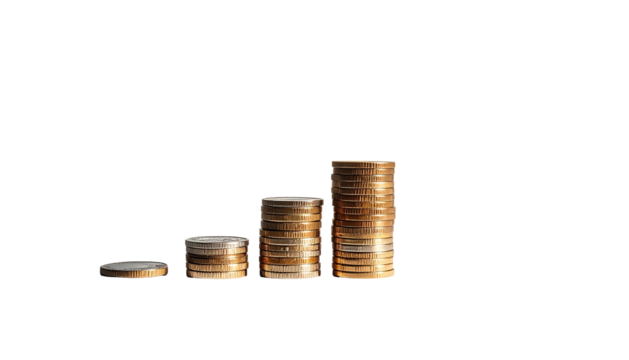 Stacks of coins arranged in ascending order on black background