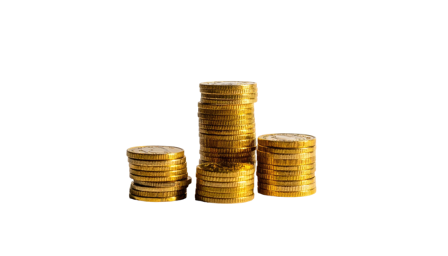 Three stacks of gold coins on a black background
