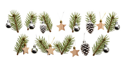 Festive pine sprigs adorned with sparkling silver baubles, natural pinecones, and charming wooden stars create a timeless holiday decoration arrangement.