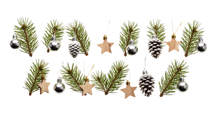 Festive pine sprigs adorned with sparkling silver baubles, natural pinecones, and charming wooden stars create a timeless holiday decoration arrangement.