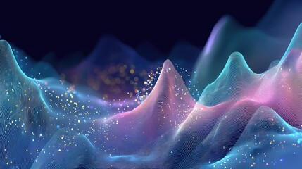 Digital data visualization displaying network waves and glowing particles