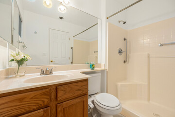 A bathroom featuring a sink, toilet, bathtub, and a mirror for use
