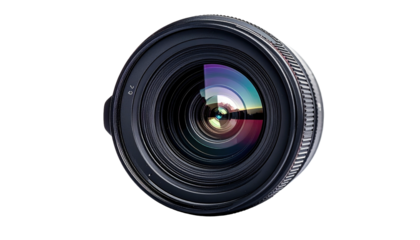Front view of a black camera lens with colorful reflection