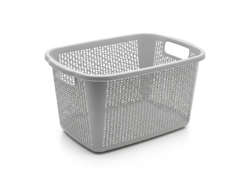 Empty light grey plastic laundry basket with a practical perforated design, ideal for efficient home organization, sorting laundry, and versatile storage solutions