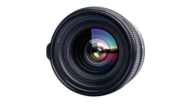 Front view of a black camera lens with colorful reflection