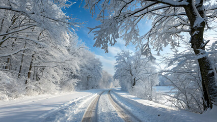 A picturesque winter landscape: snow-covered road winding through a dense forest, branches laden with fresh snow under a bright blue sky