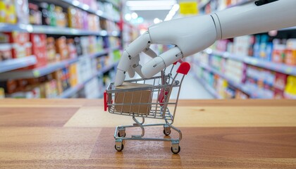 Robot and Shopping: A futuristic depiction showcasing a robotic hand pushing a miniature shopping cart, the cart filled with a box, in a store aisle.